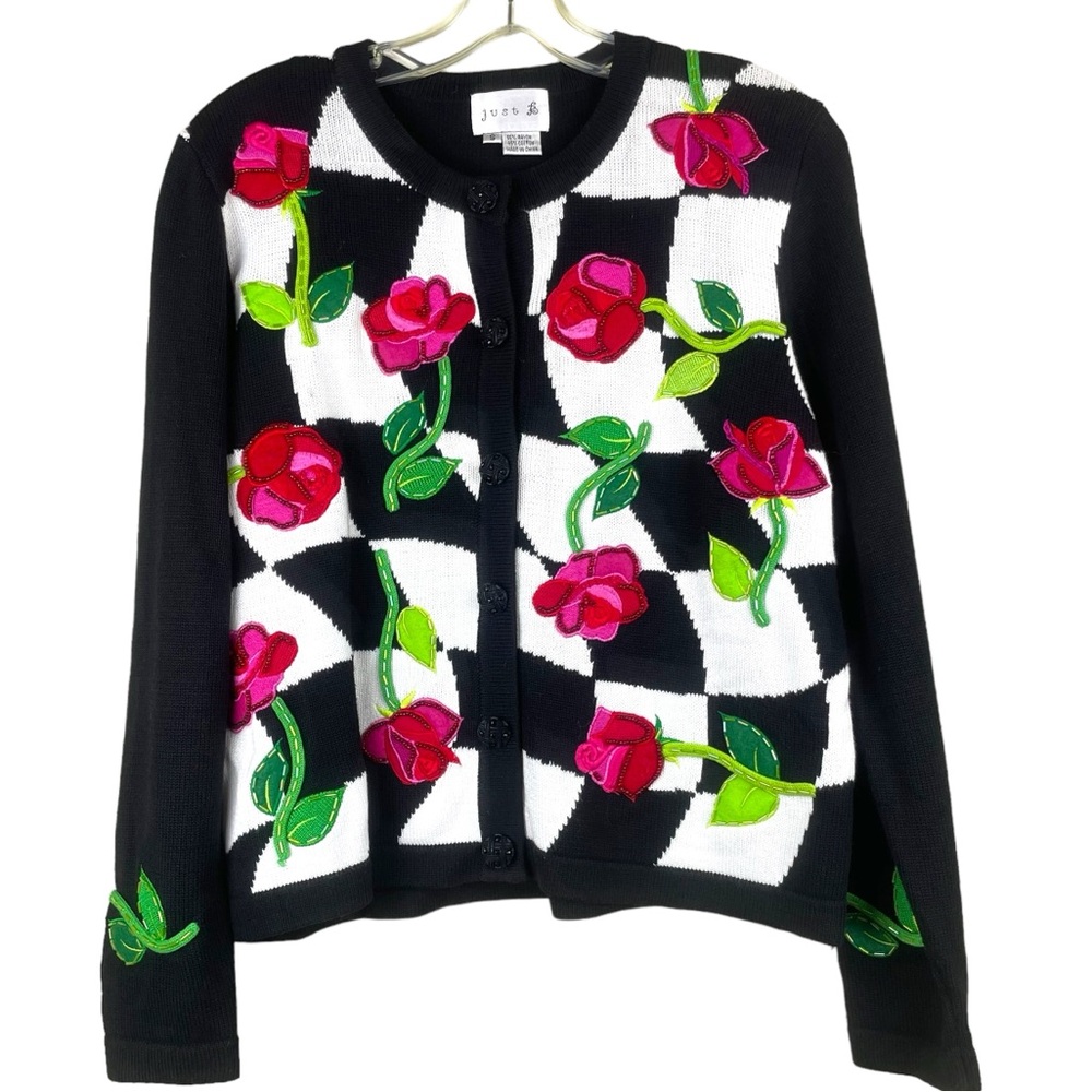 Just B Vintage Cotton Blend Black Sweater Rose Appliqué Sz S